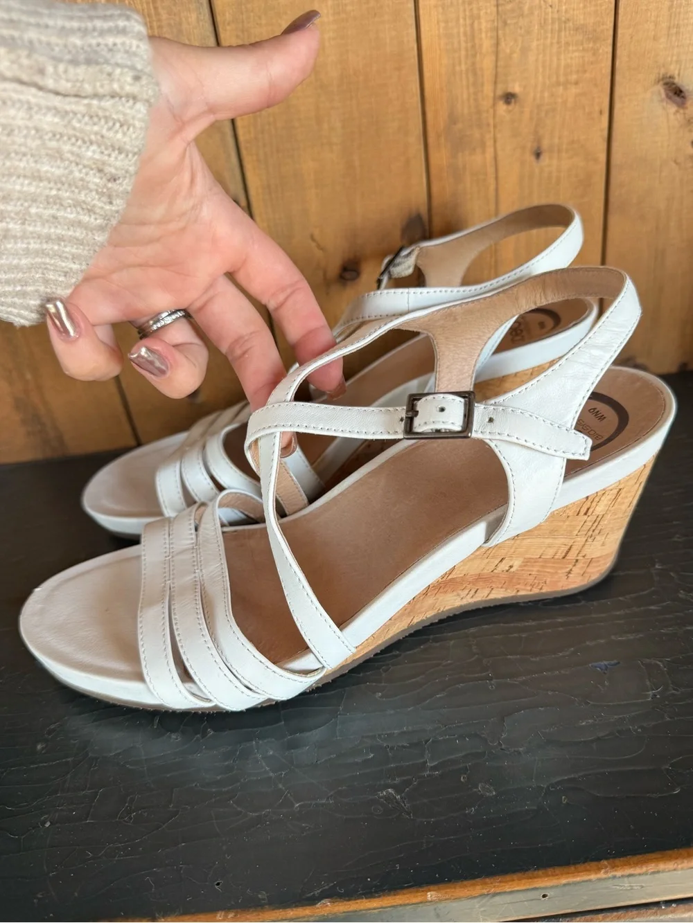 Abeo Bio System 3” White/Cork Leather Espadrille Strappy Wedge Sandal 9